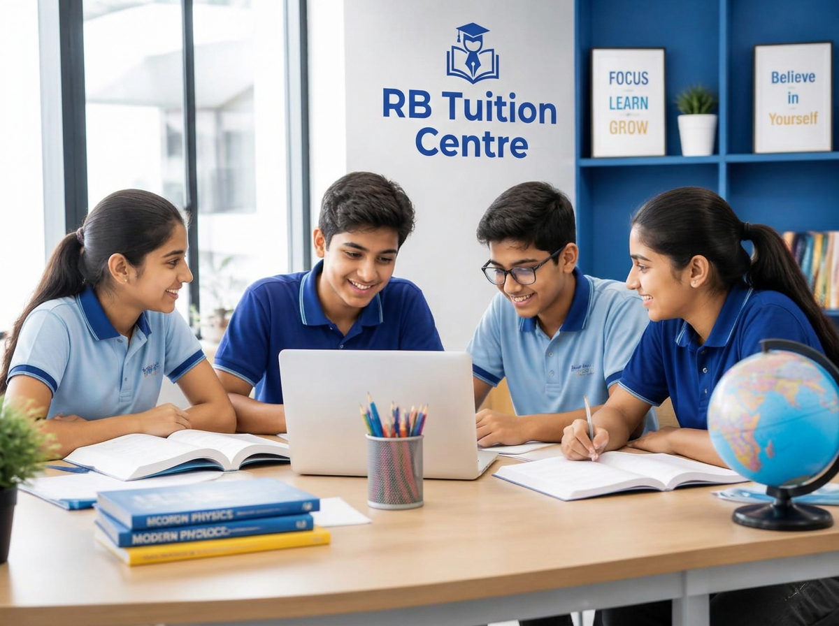 Happy Indian school students studying together at RB Tuition Centre